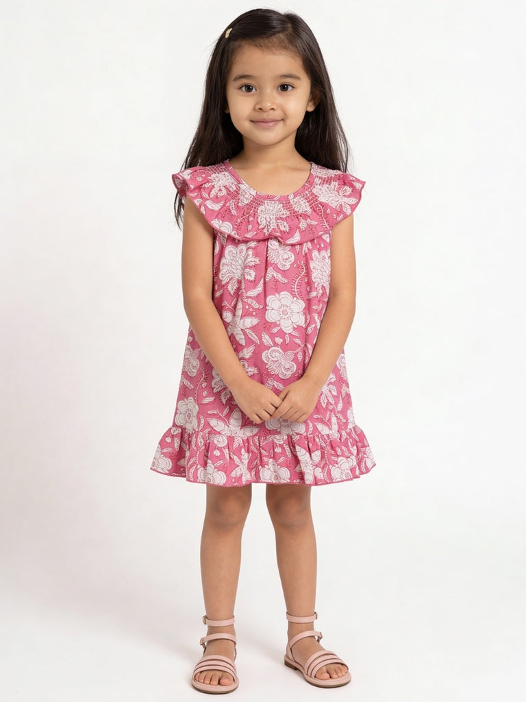 Utsa Kids Girls Pink Floral Printed Cotton Dress - (2-8 yrs)