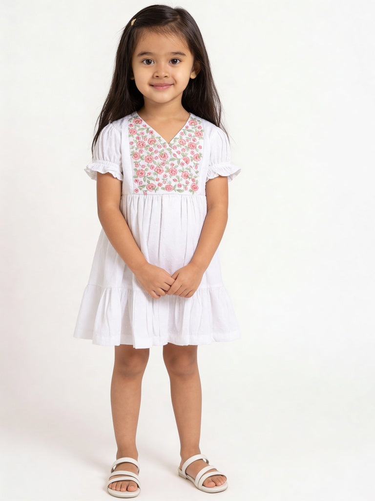 Utsa Kids Girls White Floral Embroidered Cotton-Blend Tiered Dress - (2-8 yrs)