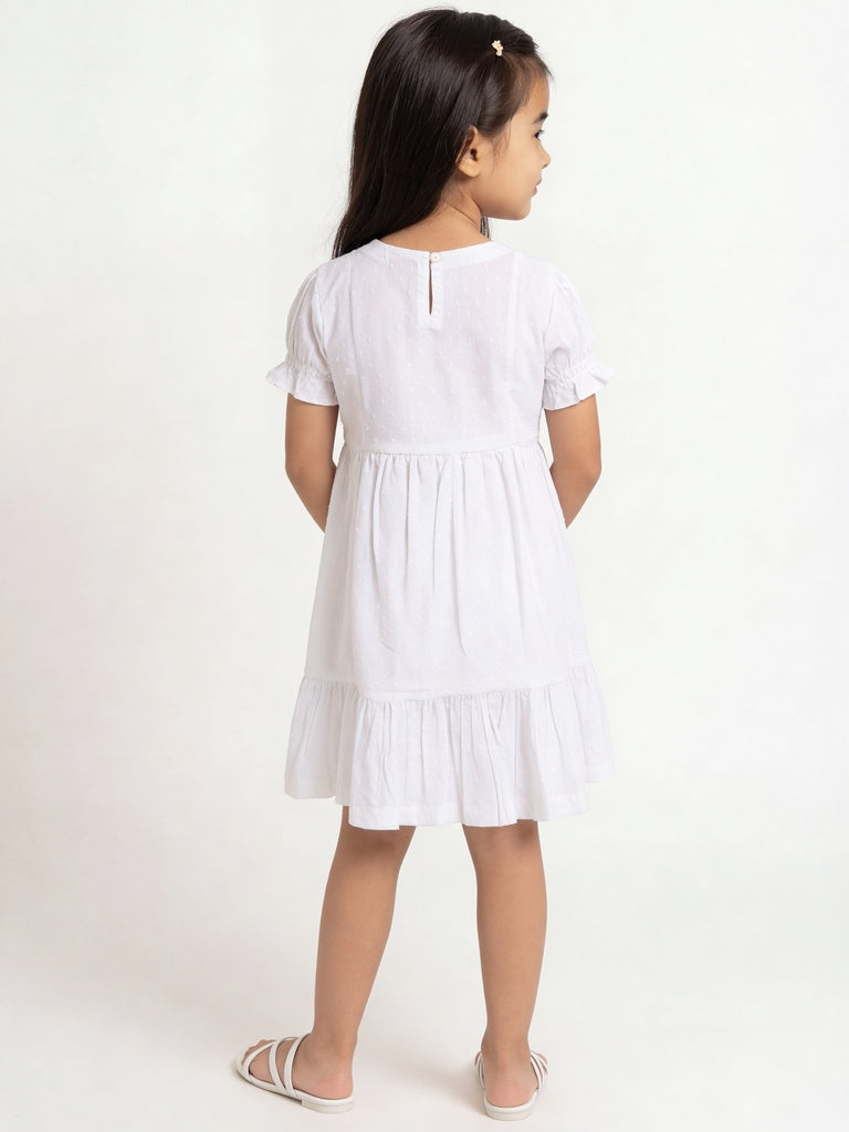 Utsa Kids Girls White Floral Embroidered Cotton-Blend Tiered Dress - (2-8 yrs)
