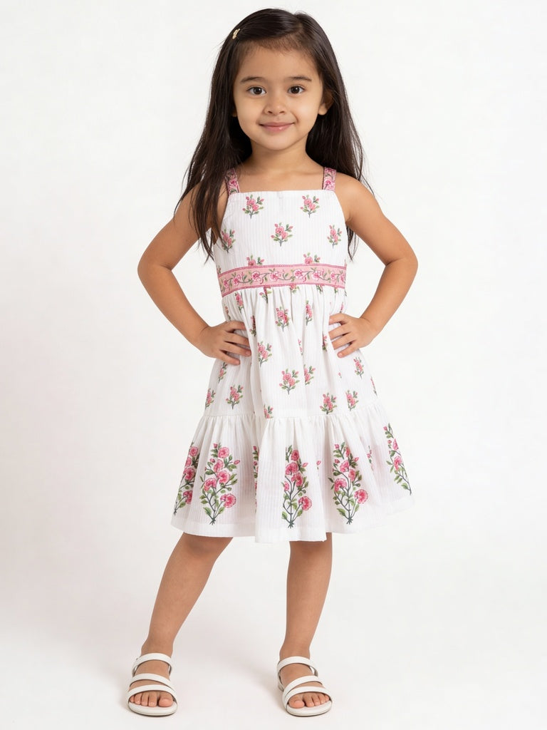 Utsa Kids Girls White Floral Embroidered Cotton Tiered Dress - (2-8 yrs)