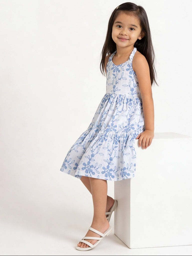 Utsa Kids Girls White Blue Embroidered Cotton Fit and Flare Dress - (2-8 yrs)