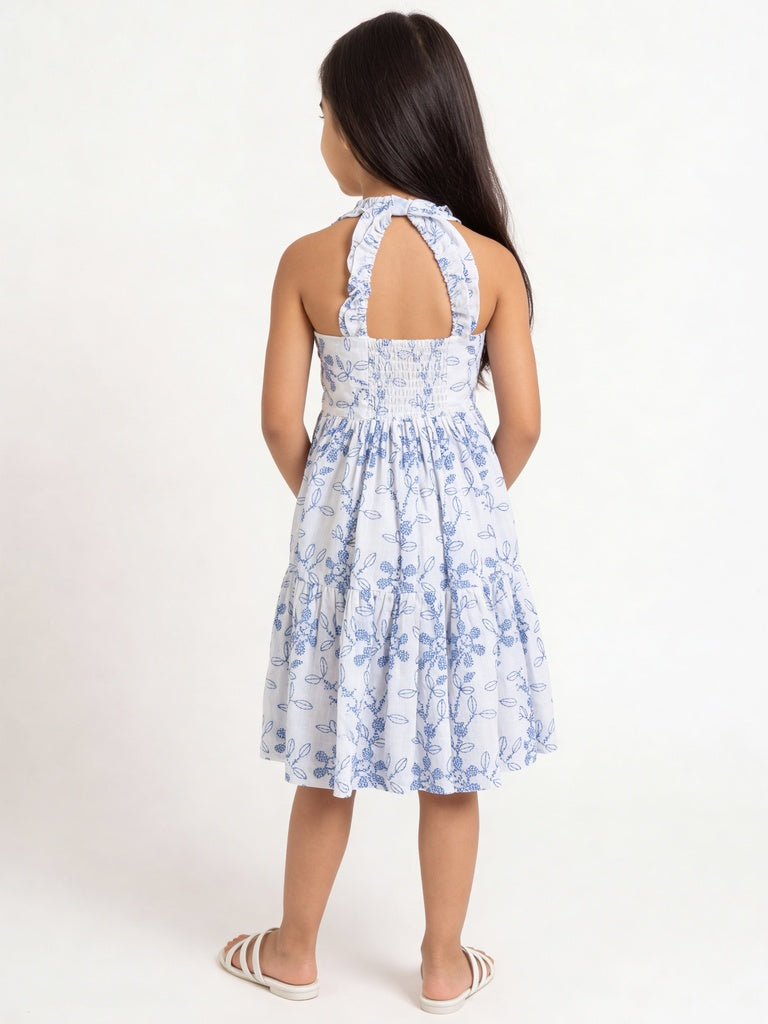 Utsa Kids Girls White Blue Embroidered Cotton Fit and Flare Dress - (2-8 yrs)