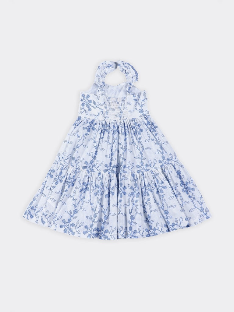 Utsa Kids Girls White Blue Embroidered Cotton Fit and Flare Dress - (2-8 yrs)