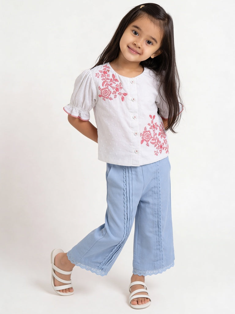 Utsa Kids Girls White Floral Embroidered Cotton-Blend Top - (2-8 yrs)