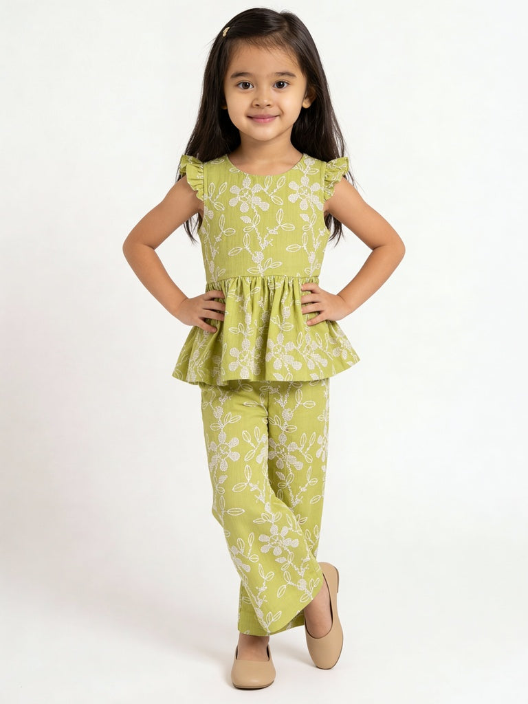 Utsa Kids Girls Lime Green Printed Cotton Top - (2-8 yrs)