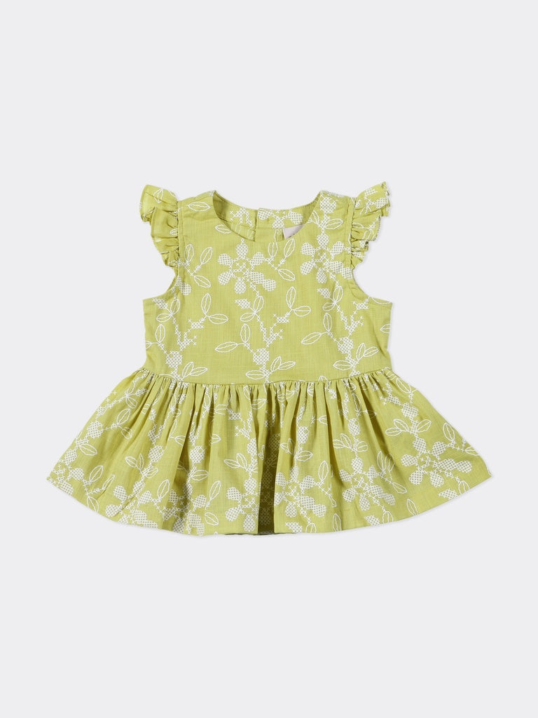 Utsa Kids Girls Lime Green Printed Cotton Top - (2-8 yrs)