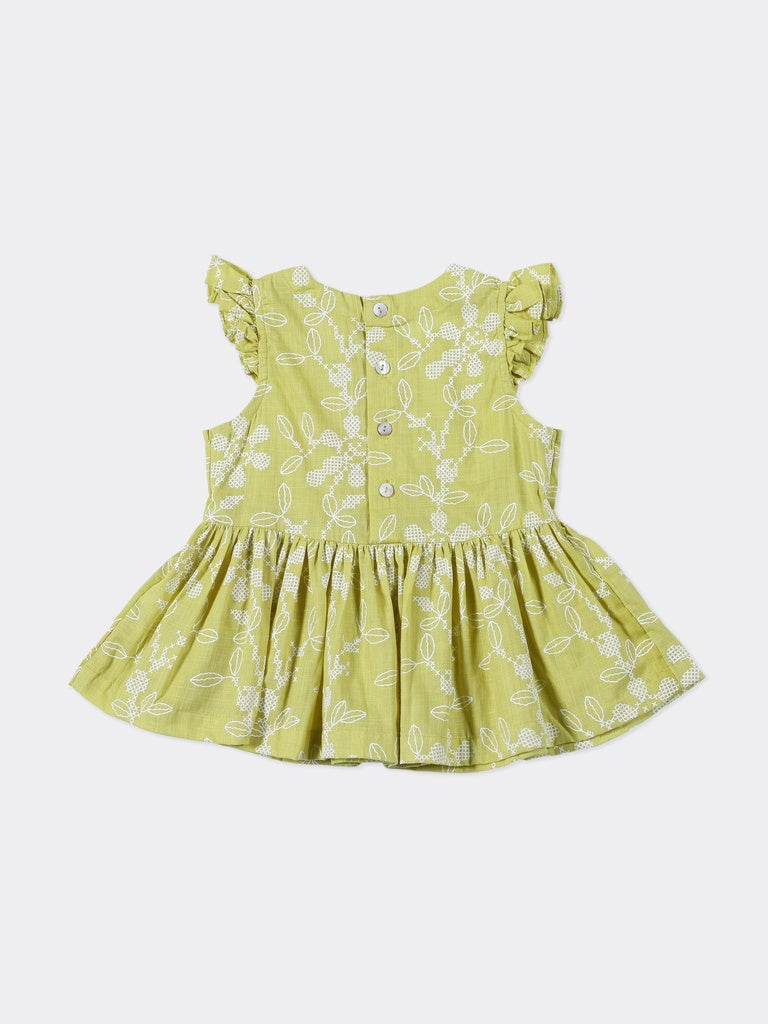 Utsa Kids Girls Lime Green Printed Cotton Top - (2-8 yrs)