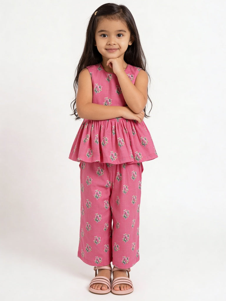 Utsa Kids Girls Pink Floral Printed Cotton Top - (2-8 yrs)