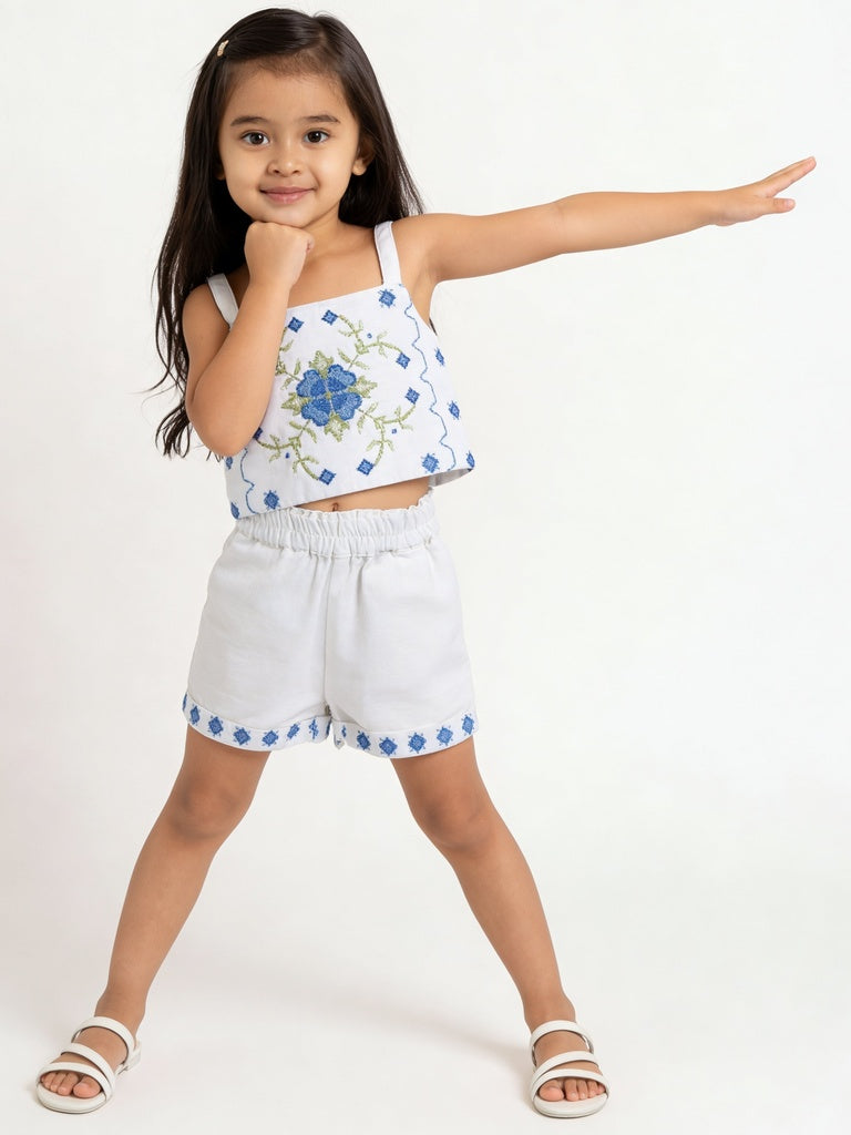 Utsa Kids Girls White Embroidered Cotton-Blend Top - (2-8 yrs)
