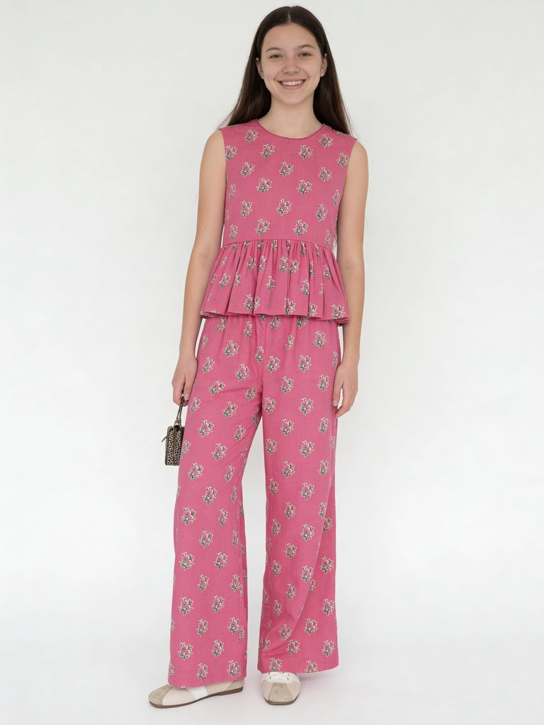 Utsa Kids Girls Pink Floral Printed Cotton Pants - (8-14 yrs)