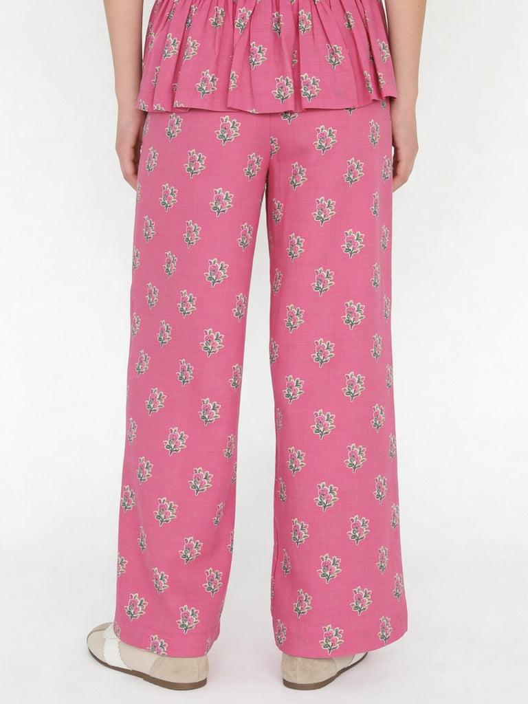 Utsa Kids Girls Pink Floral Printed Cotton Pants - (8-14 yrs)