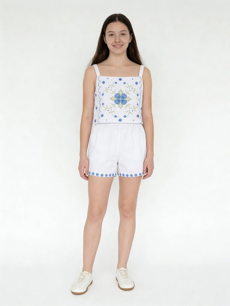 Utsa Kids Girls White Embroidered Cotton-Blend Shorts - (8-14 yrs)