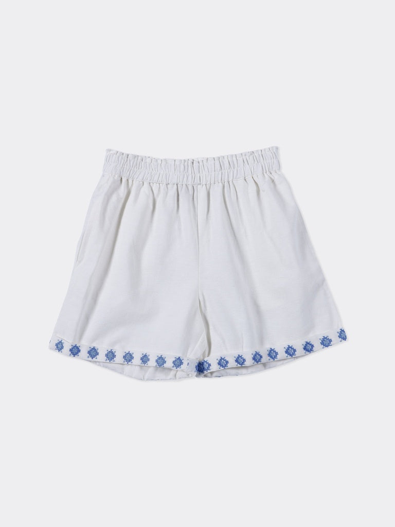 Utsa Kids Girls White Embroidered Cotton-Blend Shorts - (8-14 yrs)