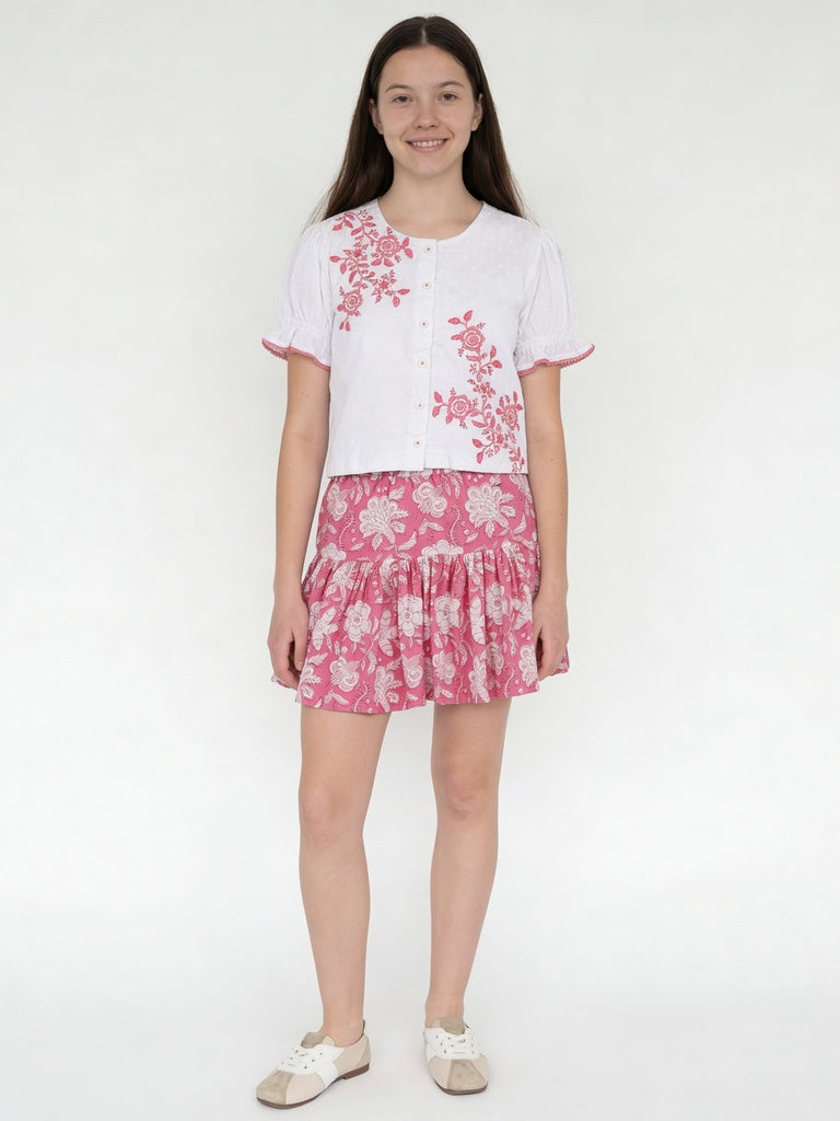 Utsa Kids Girls Pink Floral Print Flared Cotton Skirt - (8-14 yrs)