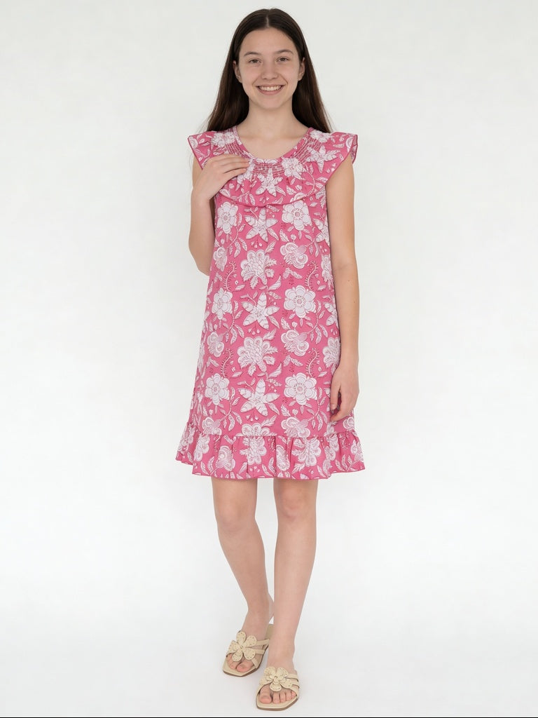 Utsa Kids Girls Pink Floral Flared Cotton Dress - (8-14 yrs)