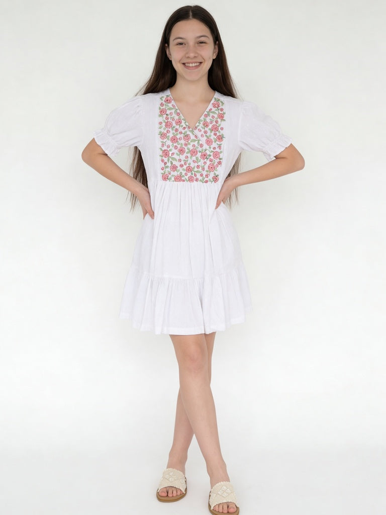 Utsa Kids Girls White Floral Embroidered Tiered Cotton-Blend Dress - (8-14 yrs)