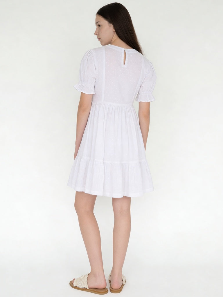 Utsa Kids Girls White Floral Embroidered Tiered Cotton-Blend Dress - (8-14 yrs)