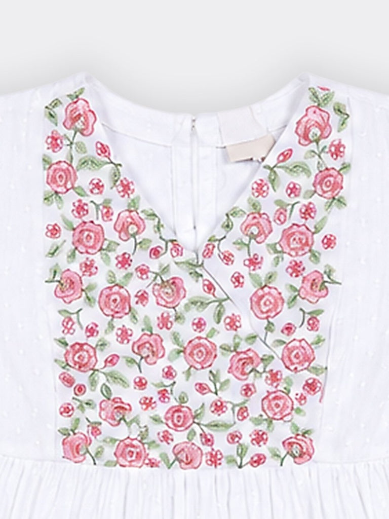 Utsa Kids Girls White Floral Embroidered Tiered Cotton-Blend Dress - (8-14 yrs)