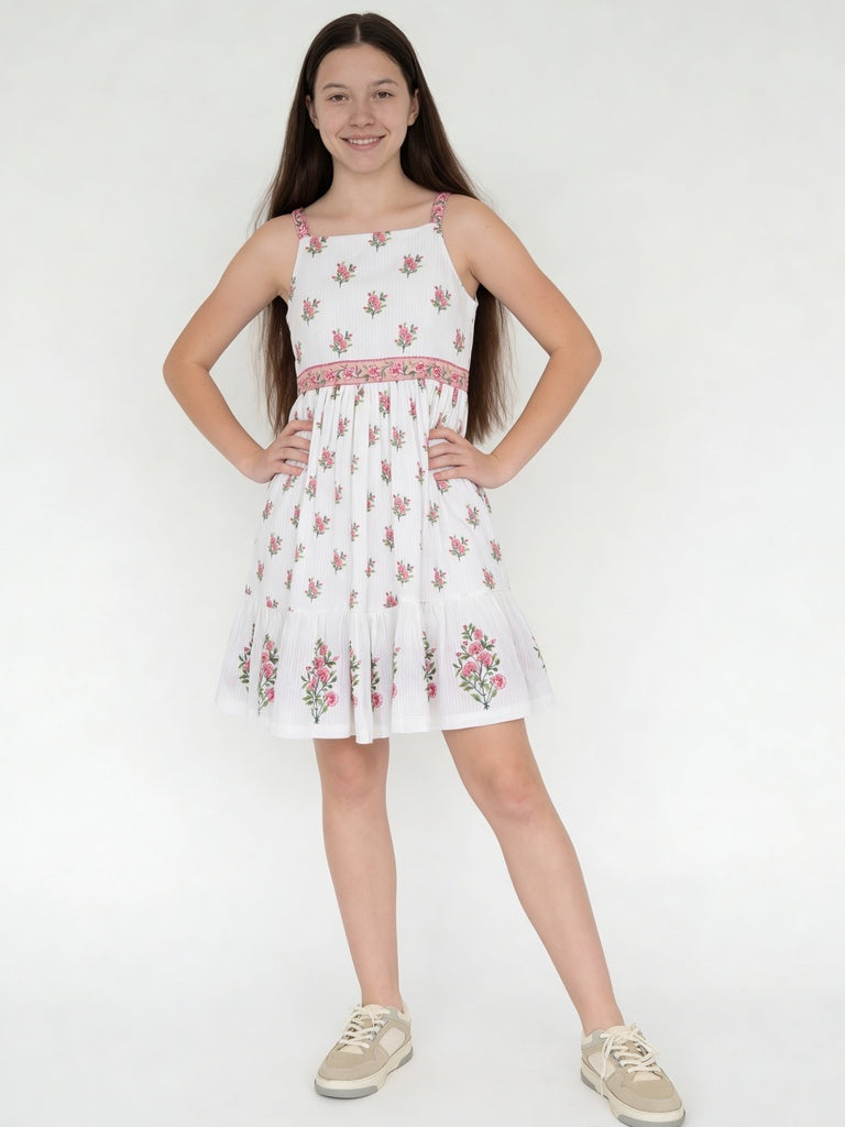 Utsa Kids Girls White Floral Tiered Fit and Flare Cotton Dress - (8-14 yrs)