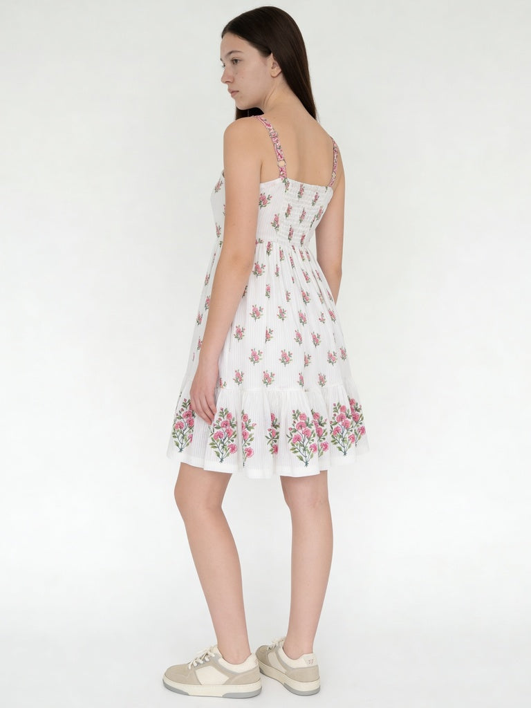 Utsa Kids Girls White Floral Tiered Fit and Flare Cotton Dress - (8-14 yrs)
