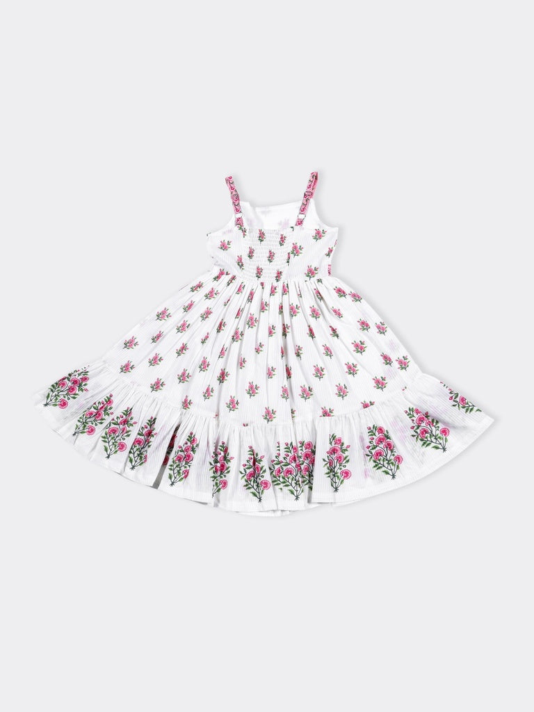 Utsa Kids Girls White Floral Tiered Fit and Flare Cotton Dress - (8-14 yrs)