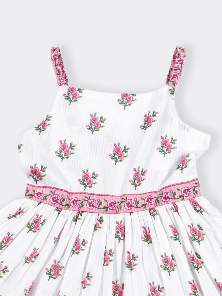 Utsa Kids Girls White Floral Tiered Fit and Flare Cotton Dress - (8-14 yrs)