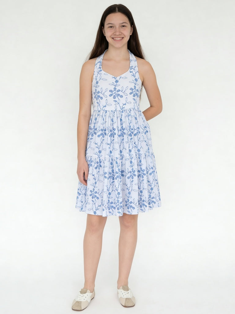 Utsa Kids Girls White Blue Embroidered Cotton Dress - (8-14 yrs)