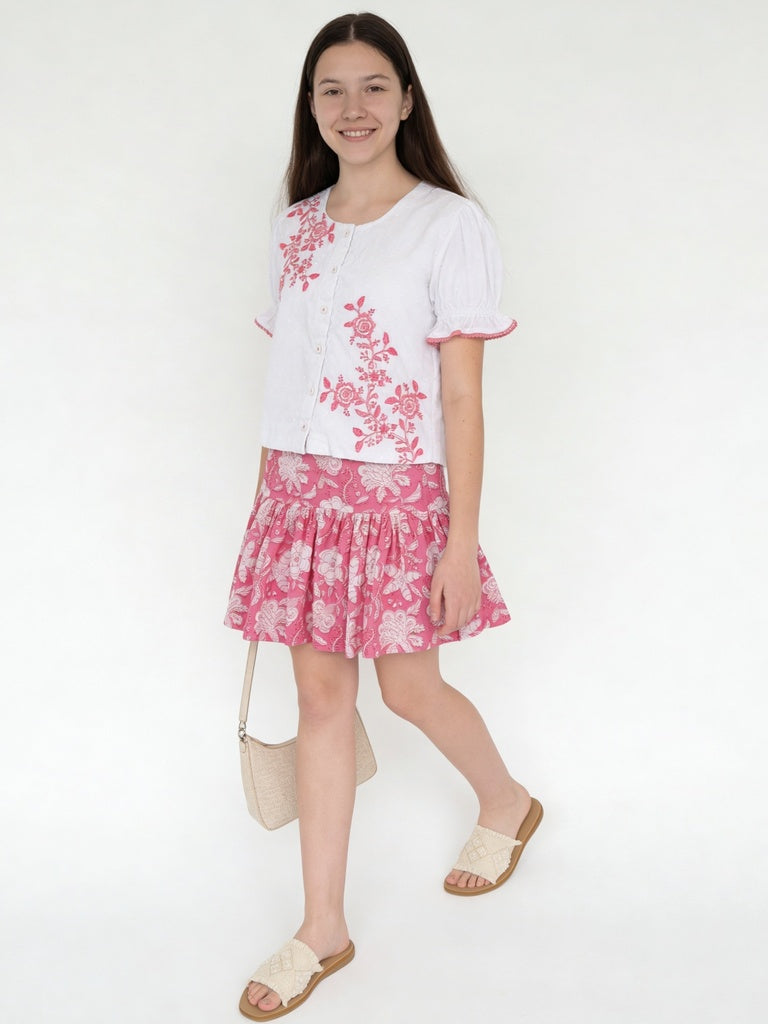 Utsa Kids Girls White Floral Embroidered Cotton-Blend Top - (8-14 yrs)
