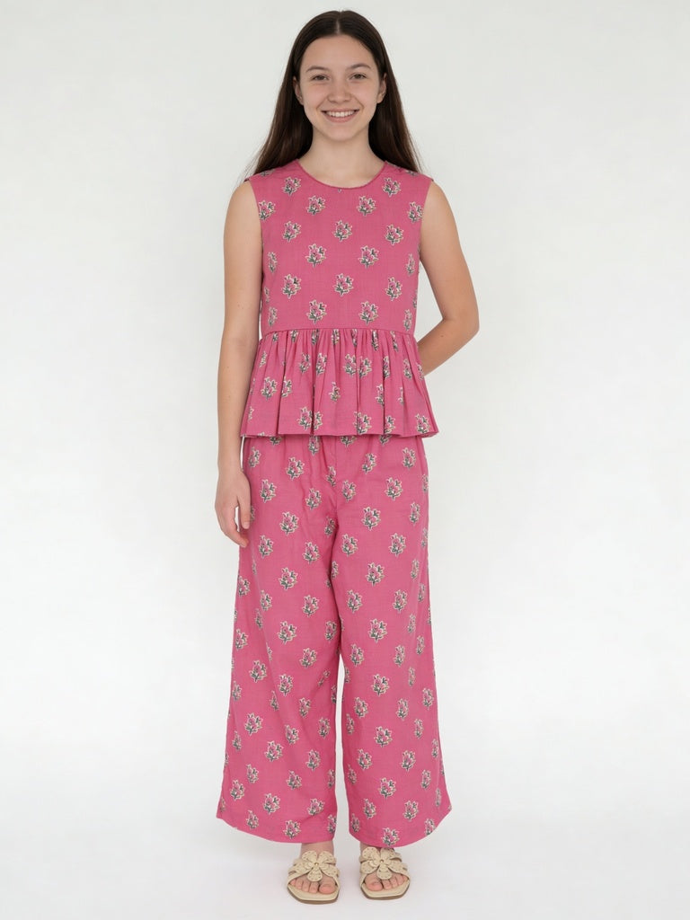 Utsa Kids Girls Pink Floral Flared Cotton Top - (8-14 yrs)