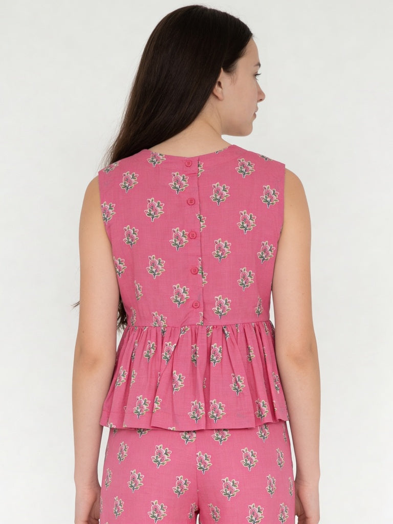 Utsa Kids Girls Pink Floral Flared Cotton Top - (8-14 yrs)