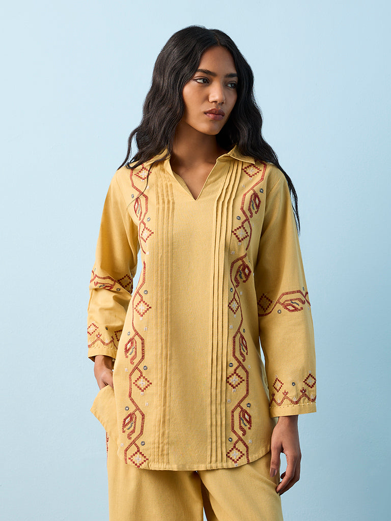 Utsa Mustard Embroidered Cotton-Blend Tunic