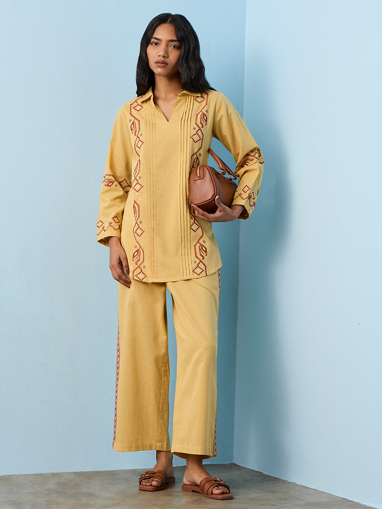 Utsa Mustard Embroidered Cotton-Blend Tunic