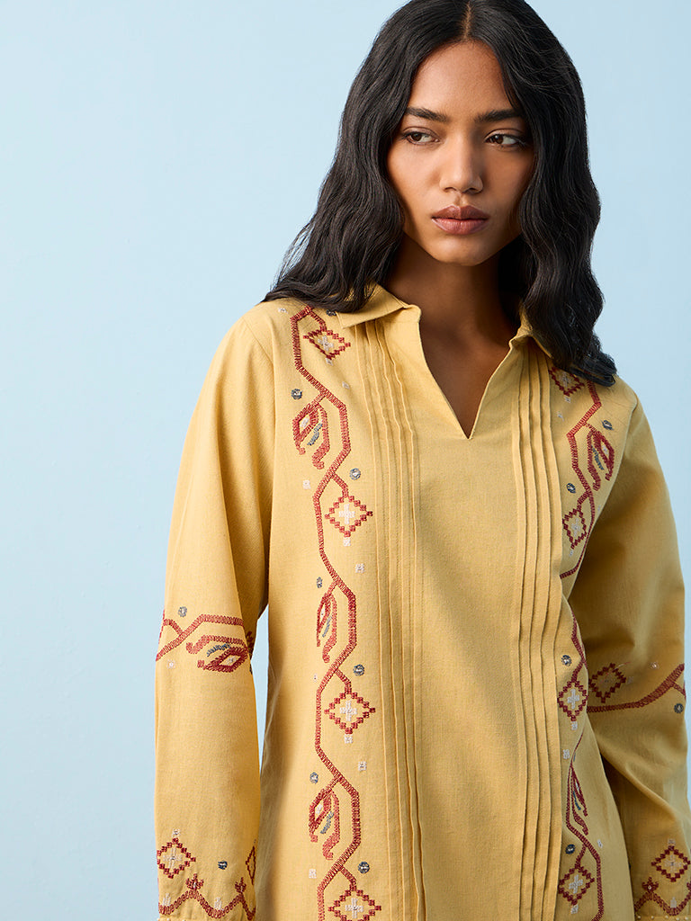 Utsa Mustard Embroidered Cotton-Blend Tunic