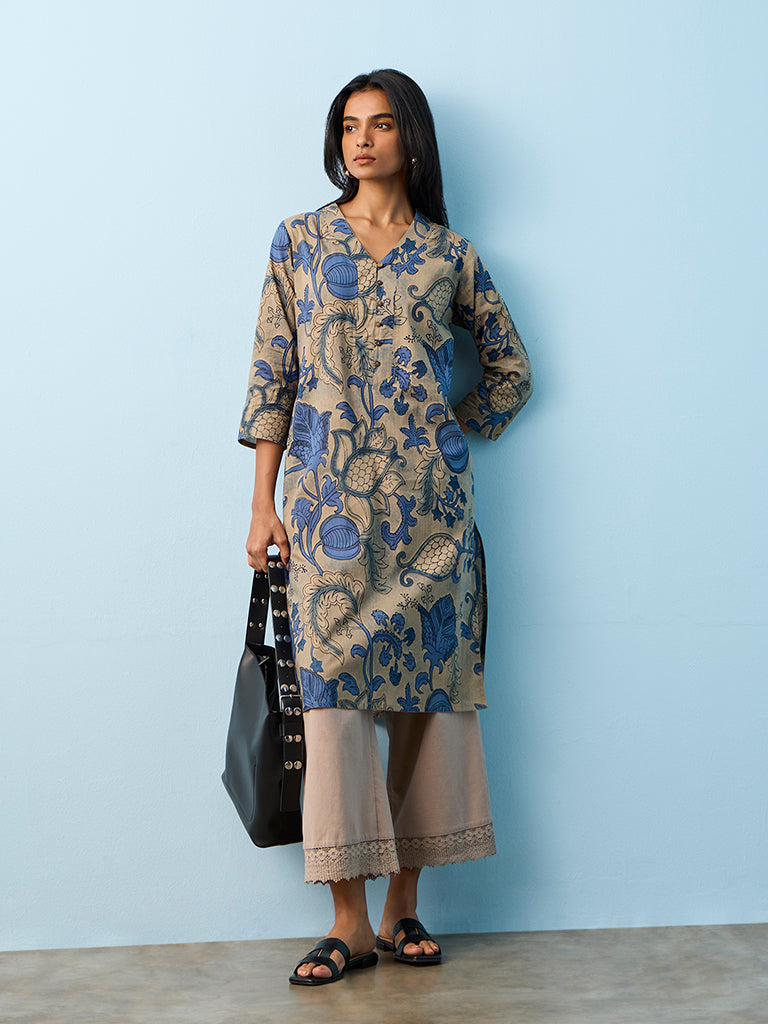 Utsa Blue Botanical Printed Cotton Straight Kurta