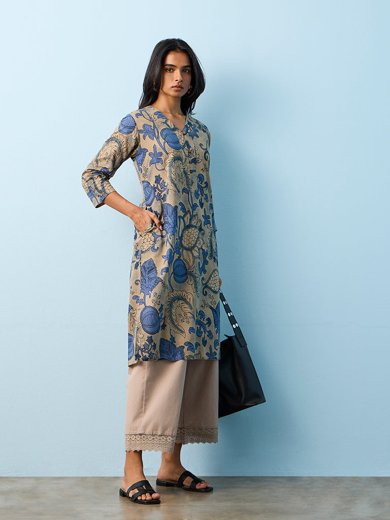 Utsa Blue Botanical Printed Cotton Straight Kurta