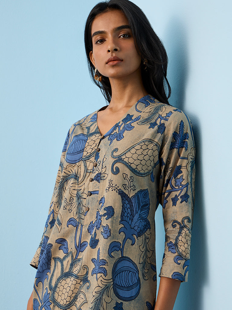 Utsa Blue Botanical Printed Cotton Straight Kurta