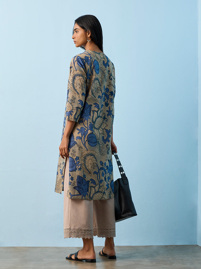 Utsa Blue Botanical Printed Cotton Straight Kurta