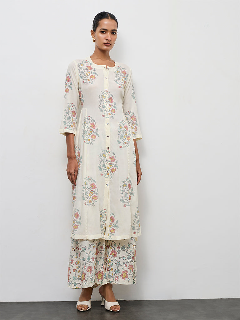 Zuba Off-White Floral Printed Cotton A-Line Kurta