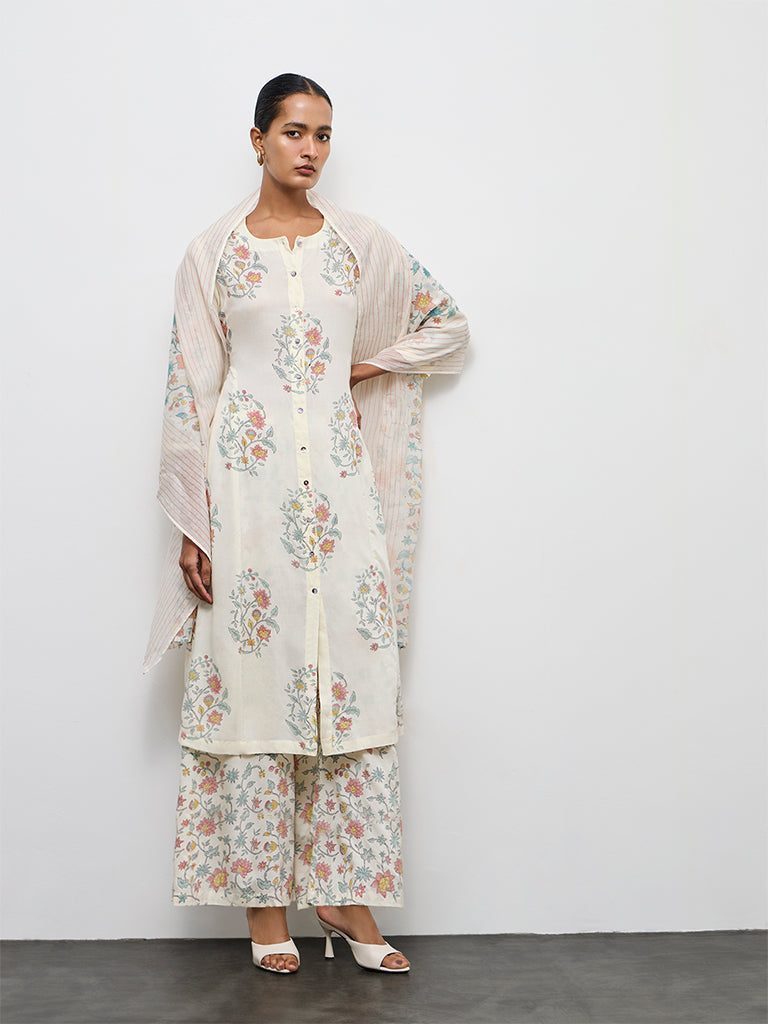 Zuba Off-White Floral Printed Cotton A-Line Kurta