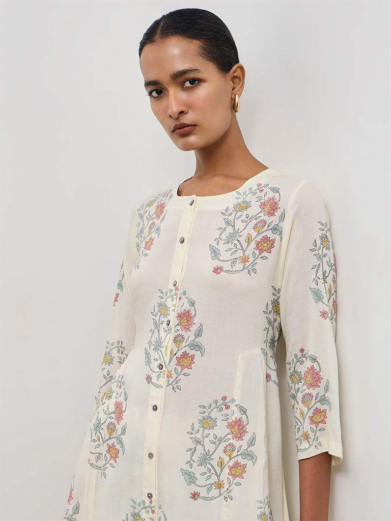 Zuba Off-White Floral Printed Cotton A-Line Kurta