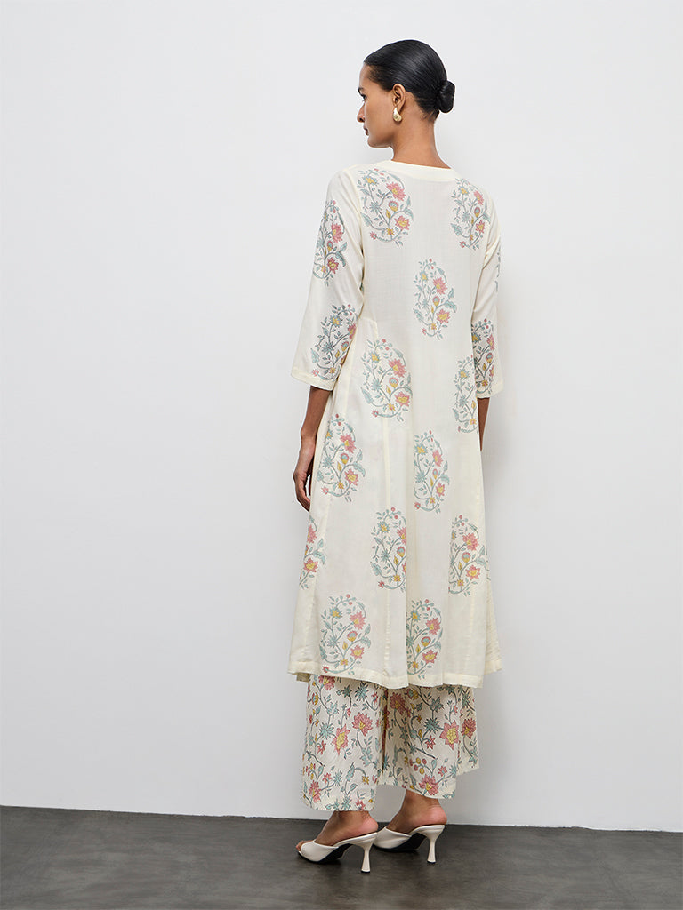 Zuba Off-White Floral Printed Cotton A-Line Kurta