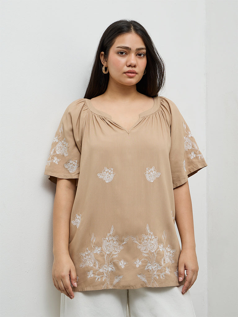 Gia Beige Floral Embroidered Top