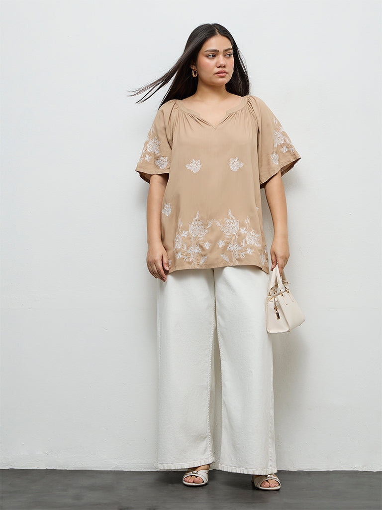 Gia Beige Floral Embroidered Top