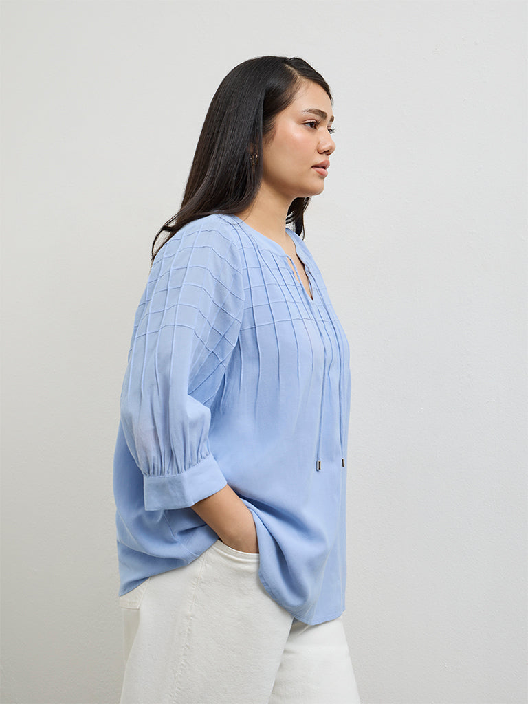 Gia Light Blue Checks Embroidered Cotton-Blend Blouse