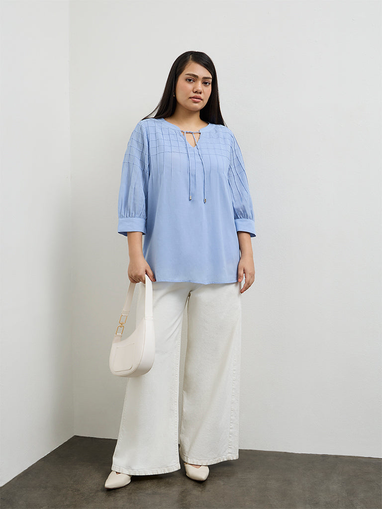 Gia Light Blue Checks Embroidered Cotton-Blend Blouse