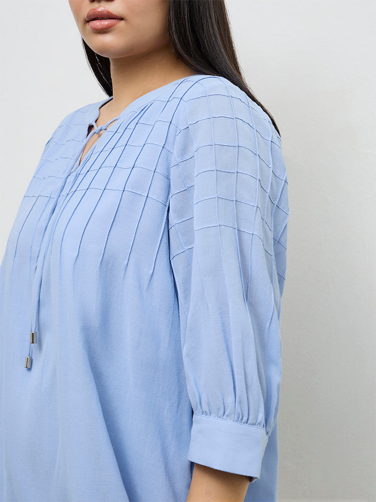 Gia Light Blue Checks Embroidered Cotton-Blend Blouse
