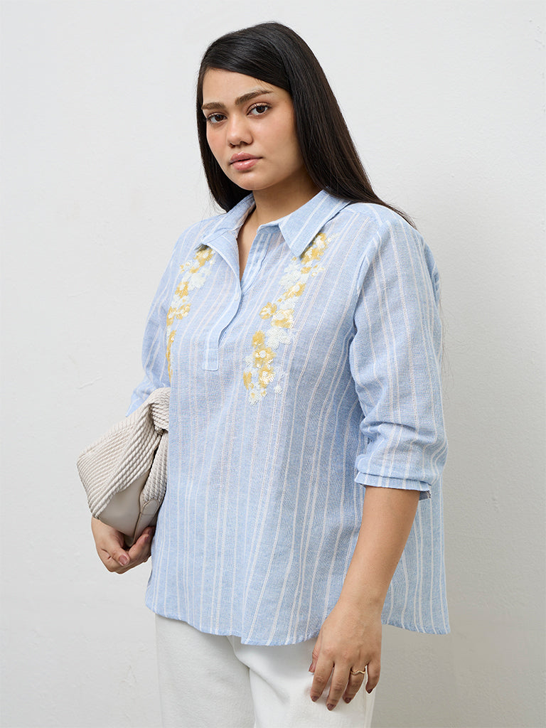Gia Blue Striped Cotton-Blend Blouse
