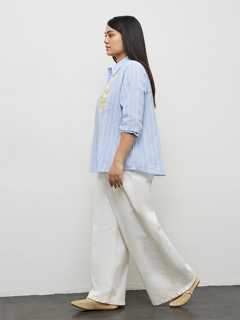 Gia Blue Striped Cotton-Blend Blouse