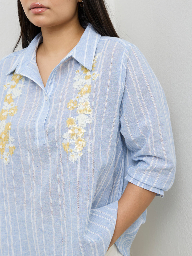 Gia Blue Striped Cotton-Blend Blouse