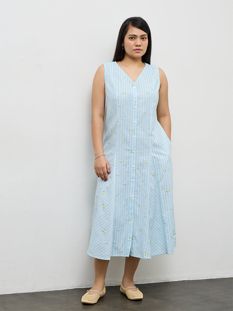 Gia Blue Striped Cotton-Blend Straight Dress